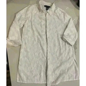 Women's Small Dialogue Embroidered White Button Down Collar Shirt